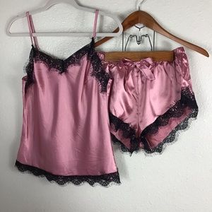 Cami shorts pj set, pink with black lace, medium